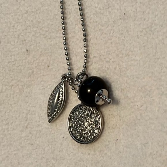 LOFT Silver Tone Charm Necklace w/Black Bead, Rhinestone Disk - 16 -18 inc… - Picture 2 of 4